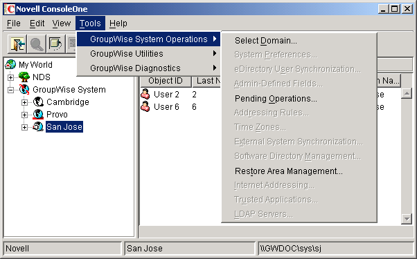 GroupWise System Operations submenu on the Tools menu