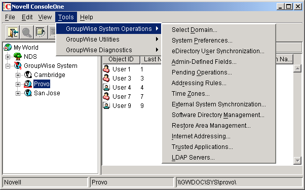 GroupWise System Operations submenu on the Tools menu