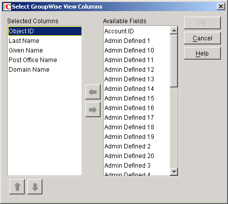 Select GroupWise View Columns dialog box