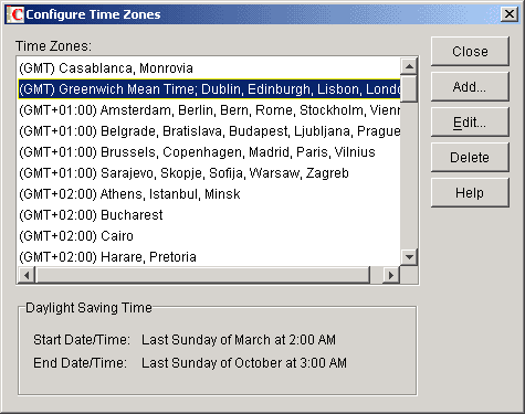 Configure Time Zones dialog box