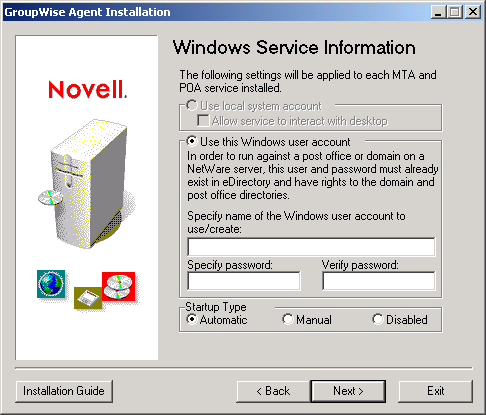 NT Service Information dialog box