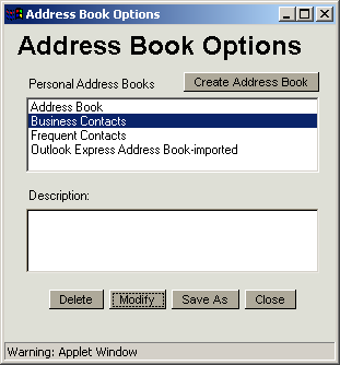 Address Book Options dialog box