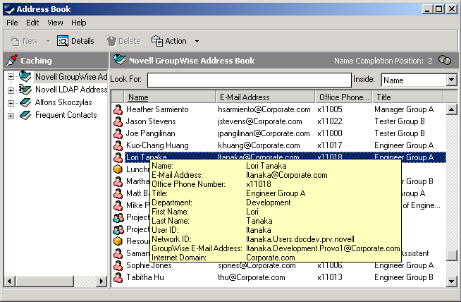 Address Book with information about a user displayed