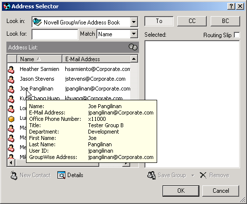 Address Selector with information about a user displayed