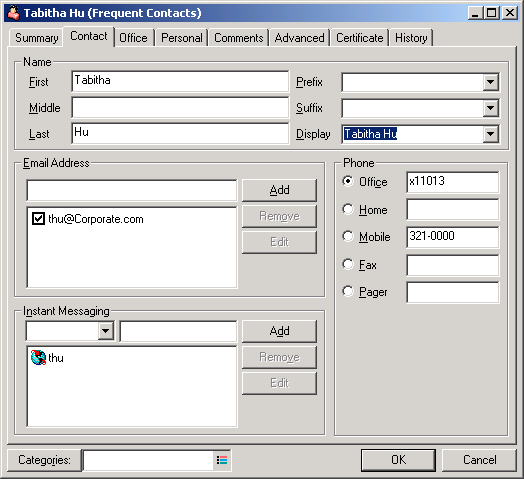 Contact Properties showing the Contact tab
