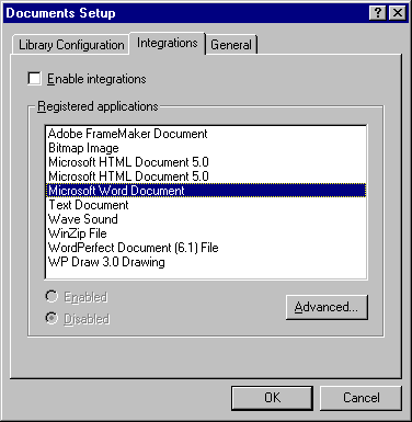 Documents Setup dialog box with the Integrations tab open