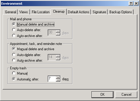 Environment dialog box with the Cleanup tab open