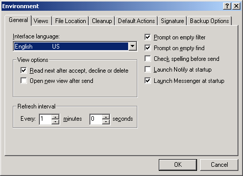 Environment dialog box with the General tab open