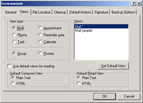 Environment dialog box with the Views tab open