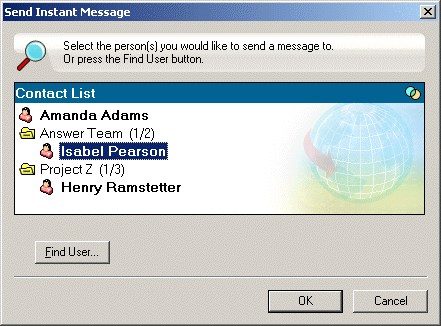Send Instant Message dialog box showing the Find User button