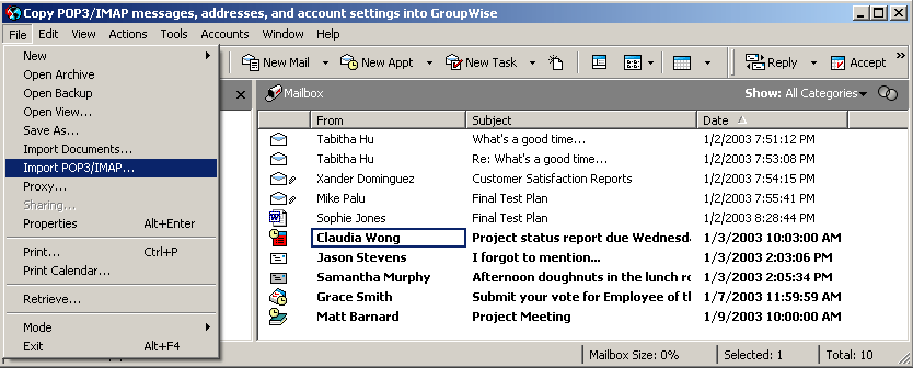 Mailbox view showing the Import POP3/IMAP option on the File menu