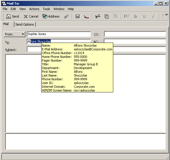 Mail view with information about a user displayed