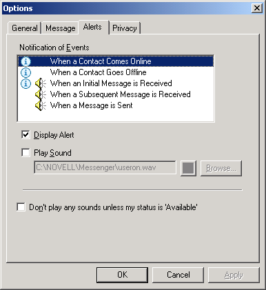 Options dialog box showing the Alerts tab