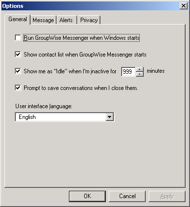 Options dialog box showing the General tab