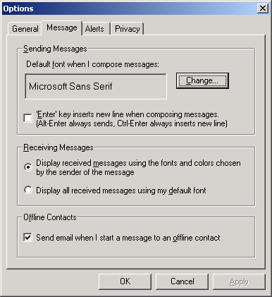 Options dialog box showing the Message tab