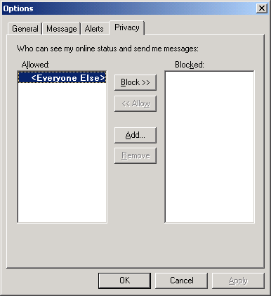 Options dialog box showing the Privacy tab