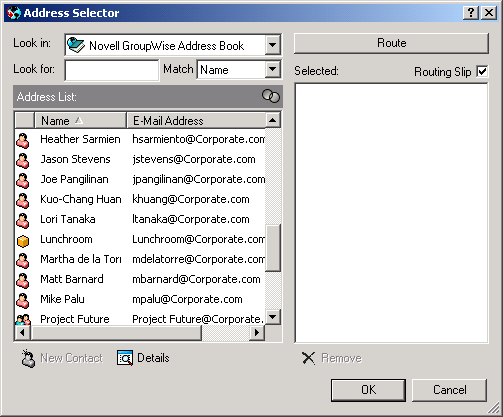 Address Selector showing a Routing Slip list