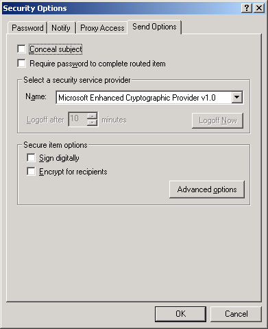 Security dialog box with the Send Options tab open