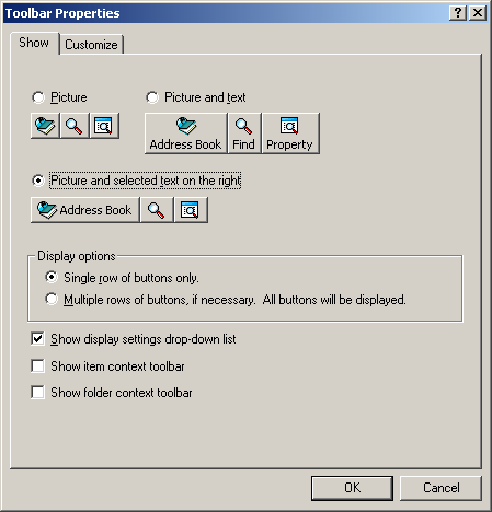 Toolbar Properties dialog box with the Show tab open