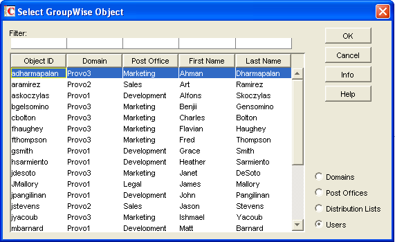 Select GroupWise Object dialog box