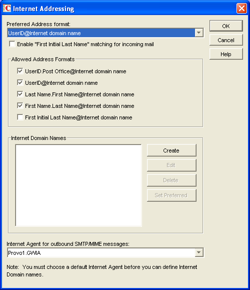 Internet Addressing dialog box