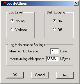 Log Settings dialog box in the Windows Internet Agent console