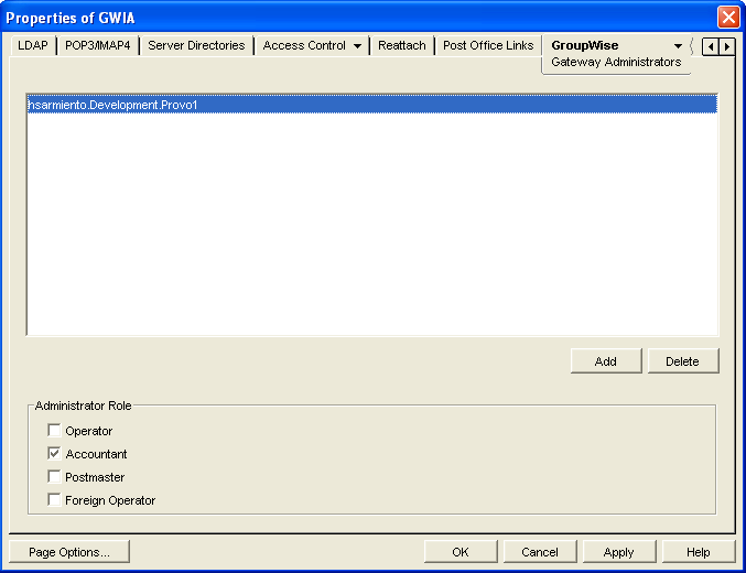 Gateway Administrators property page with the new administrator’s name added