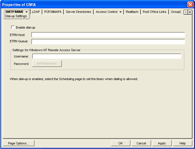 SMTP/MIME Dial-Up Settings page