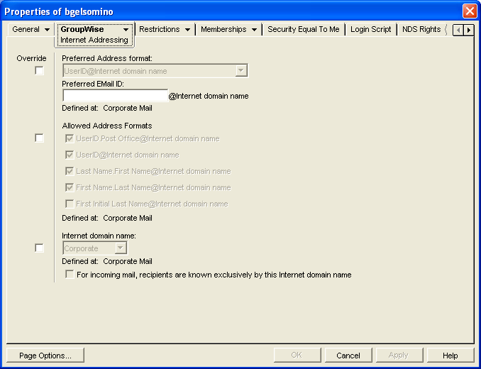 Internet Addressing dialog box