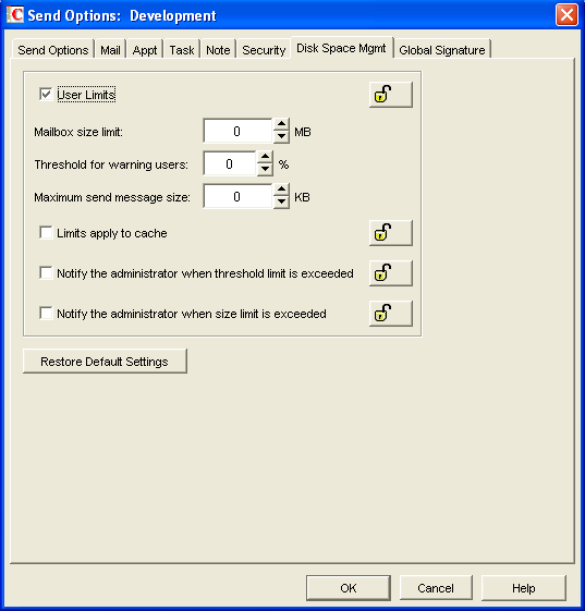 Disk Space Management dialog box