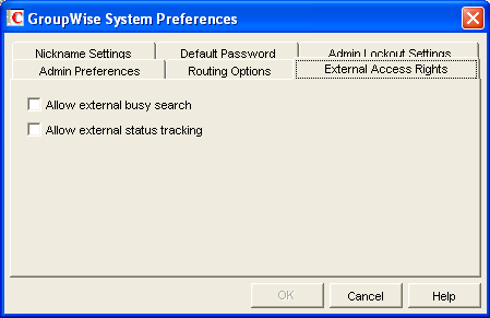 GroupWise System Preferences dialog box with the External Access Rights tab displayed