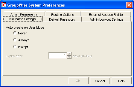 GroupWise System Preferences dialog box with the Nickname Settings tab displayed