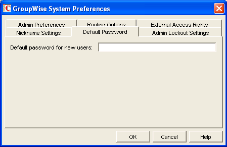 GroupWise System Preferences dialog box with the Default Password tab displayed