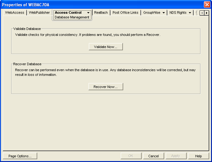 Database Management property page