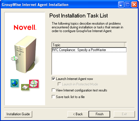 Internet Agent Post Installation Task List page