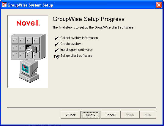 GroupWise Setup Progress: Set Up Client Software page