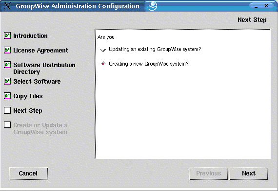 Next Step page in the GroupWise Installation Advisor on Linux