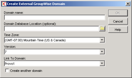 Create External GroupWise Domain dialog box