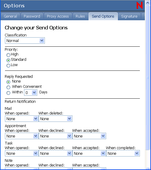 Options view with Send Options selected