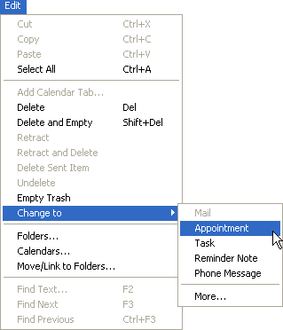 Mailbox view showing the Change To submenu of the Edit menu