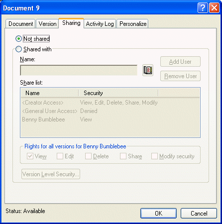 Document Properties dialog box with the Sharing tab open