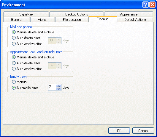 Environment dialog box with the Cleanup tab open