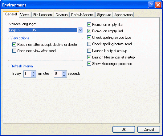 Environment dialog box with the General tab open