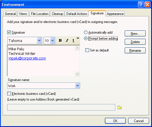 Environment dialog box with the Signature tab open
