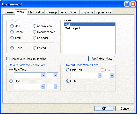 Environment dialog box with the Views tab open