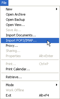 Mailbox view showing the Import POP3/IMAP option on the File menu