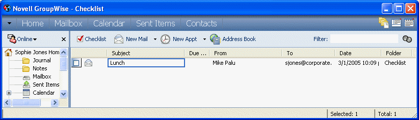Mailbox showing the Checklist folder