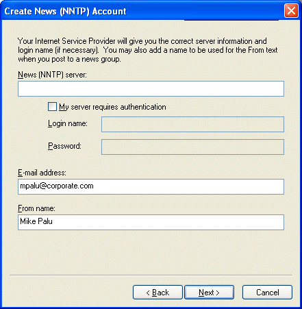 Create News (NNTP) Account dialog box