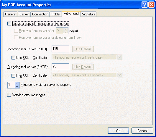 Mail and News Properties dialog box with the Advanced tab open