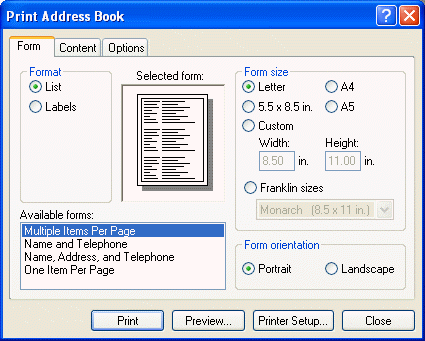 Print Address Book dialog box